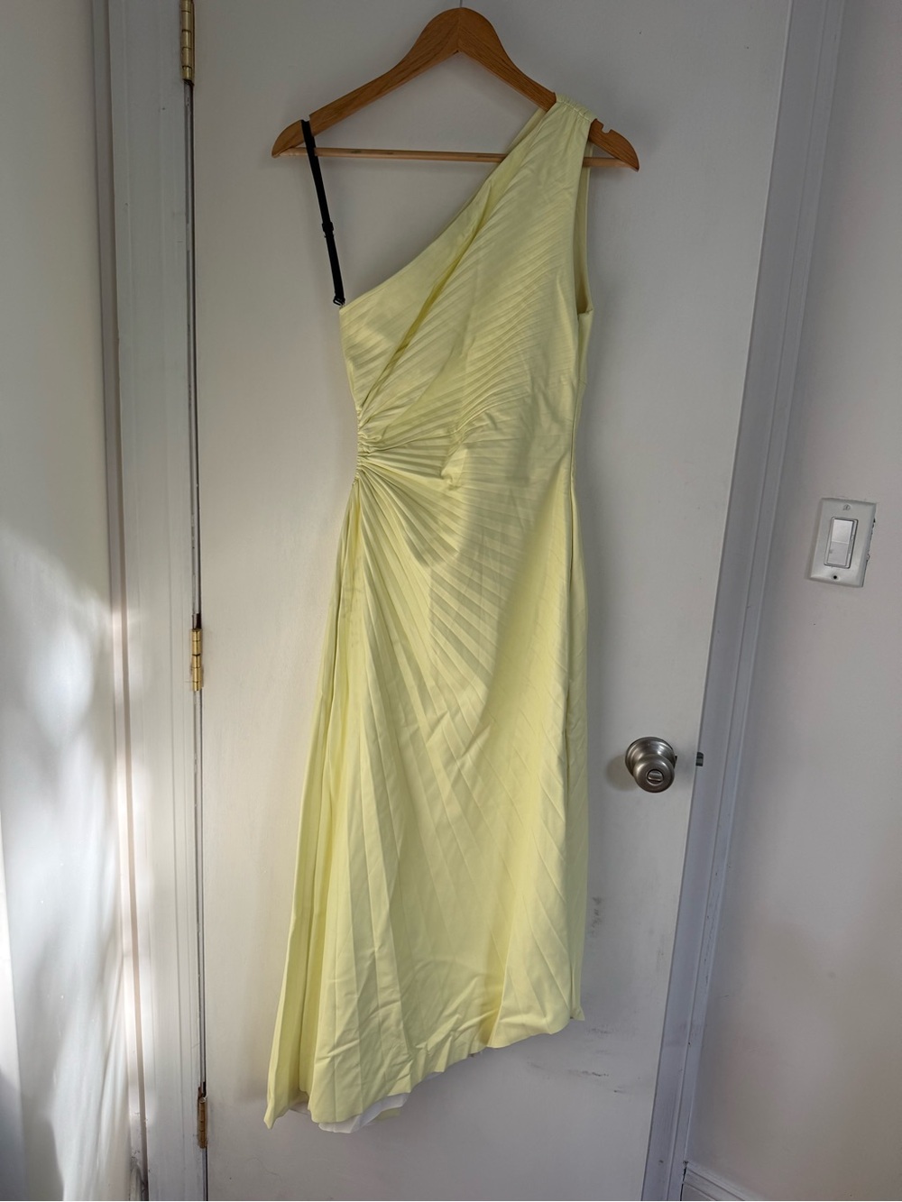A.L.C. One-Shoulder Light Yellow Faux Leather Pleated Evening Gown